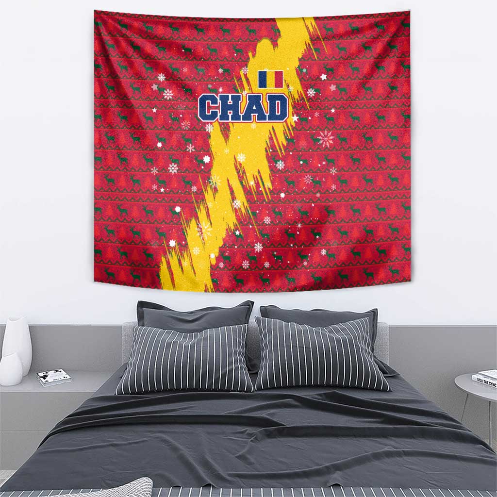 Chad Christmas Tapestry with Red-Yellow Festive Pattern, National Coat of Arms, and Snowflake Accents - Wonder Print Shop