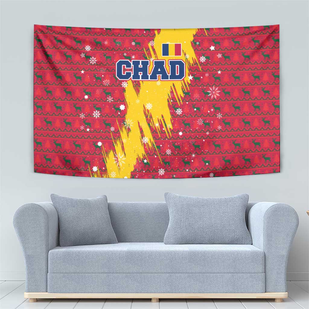 Chad Christmas Tapestry with Red-Yellow Festive Pattern, National Coat of Arms, and Snowflake Accents - Wonder Print Shop