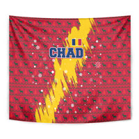 Chad Christmas Tapestry with Red-Yellow Festive Pattern, National Coat of Arms, and Snowflake Accents - Wonder Print Shop