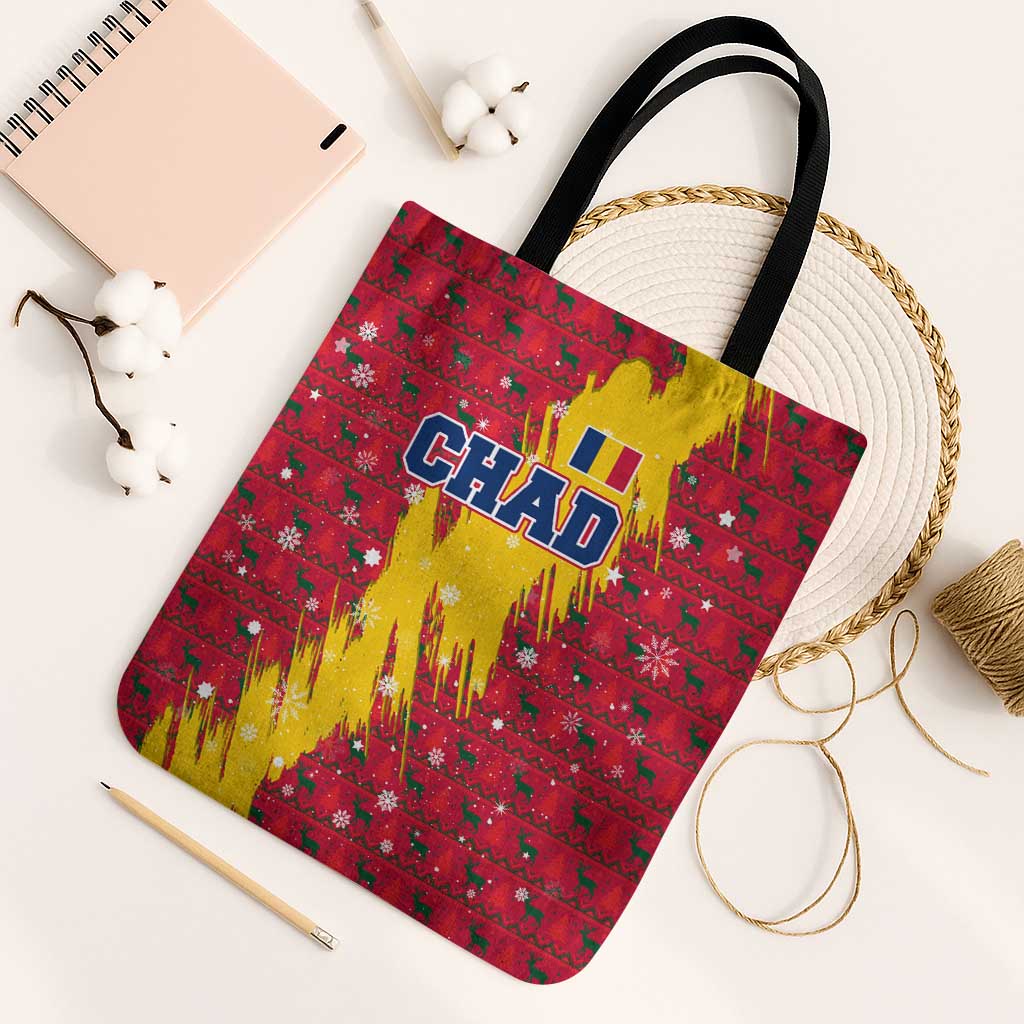 Chad Christmas Tote Bag with Red-Yellow Festive Pattern, National Coat of Arms, and Snowflake Accents - Wonder Print Shop
