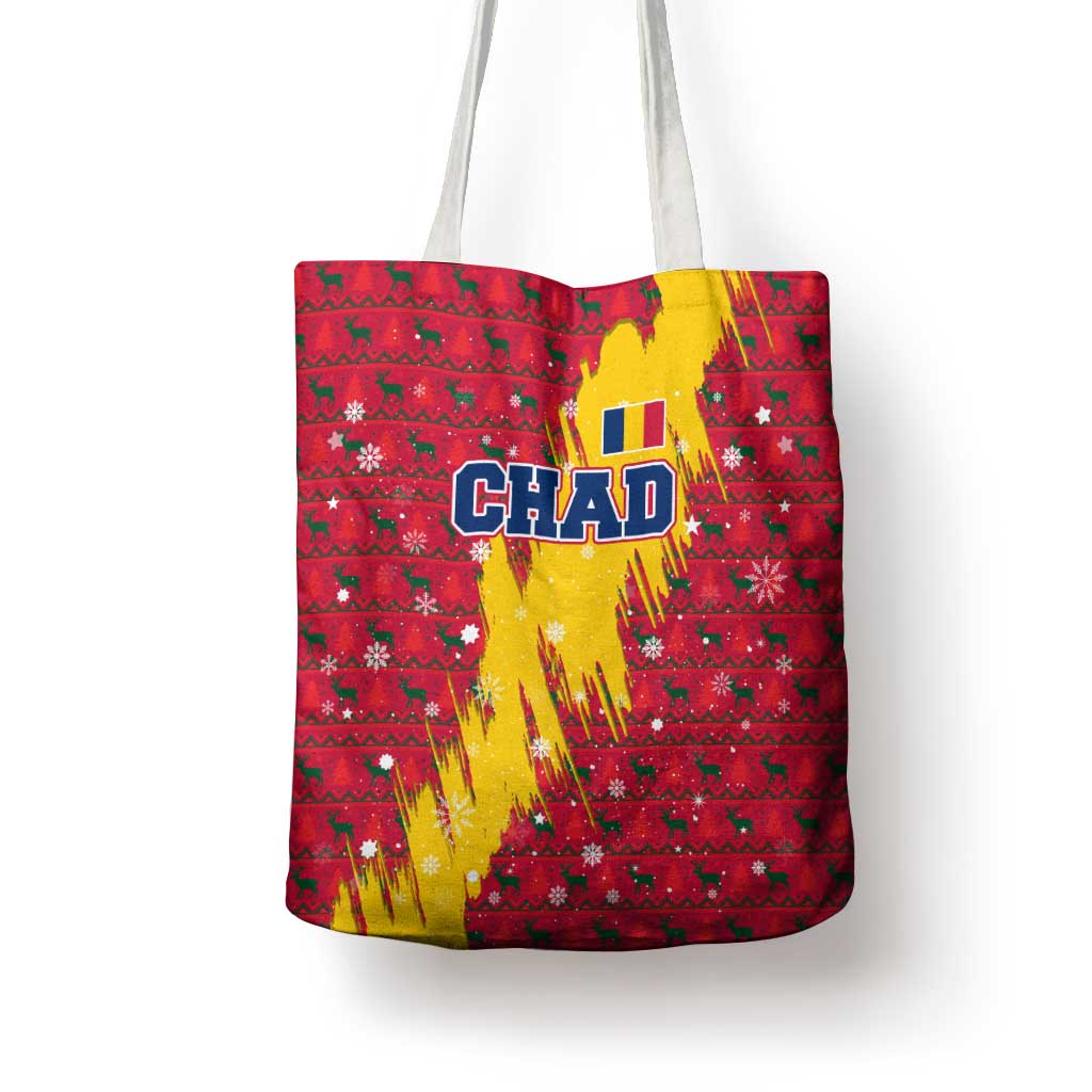Chad Christmas Tote Bag with Red-Yellow Festive Pattern, National Coat of Arms, and Snowflake Accents - Wonder Print Shop