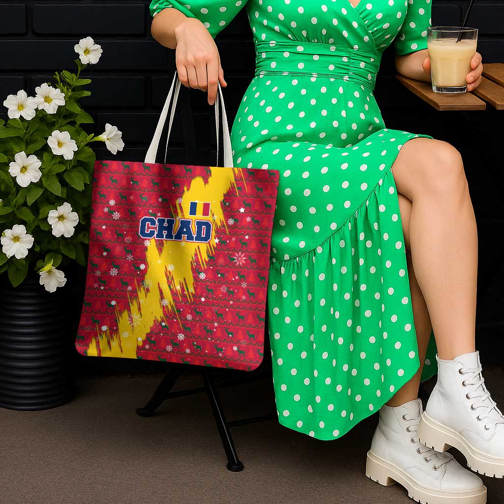 Chad Christmas Tote Bag with Red-Yellow Festive Pattern, National Coat of Arms, and Snowflake Accents - Wonder Print Shop