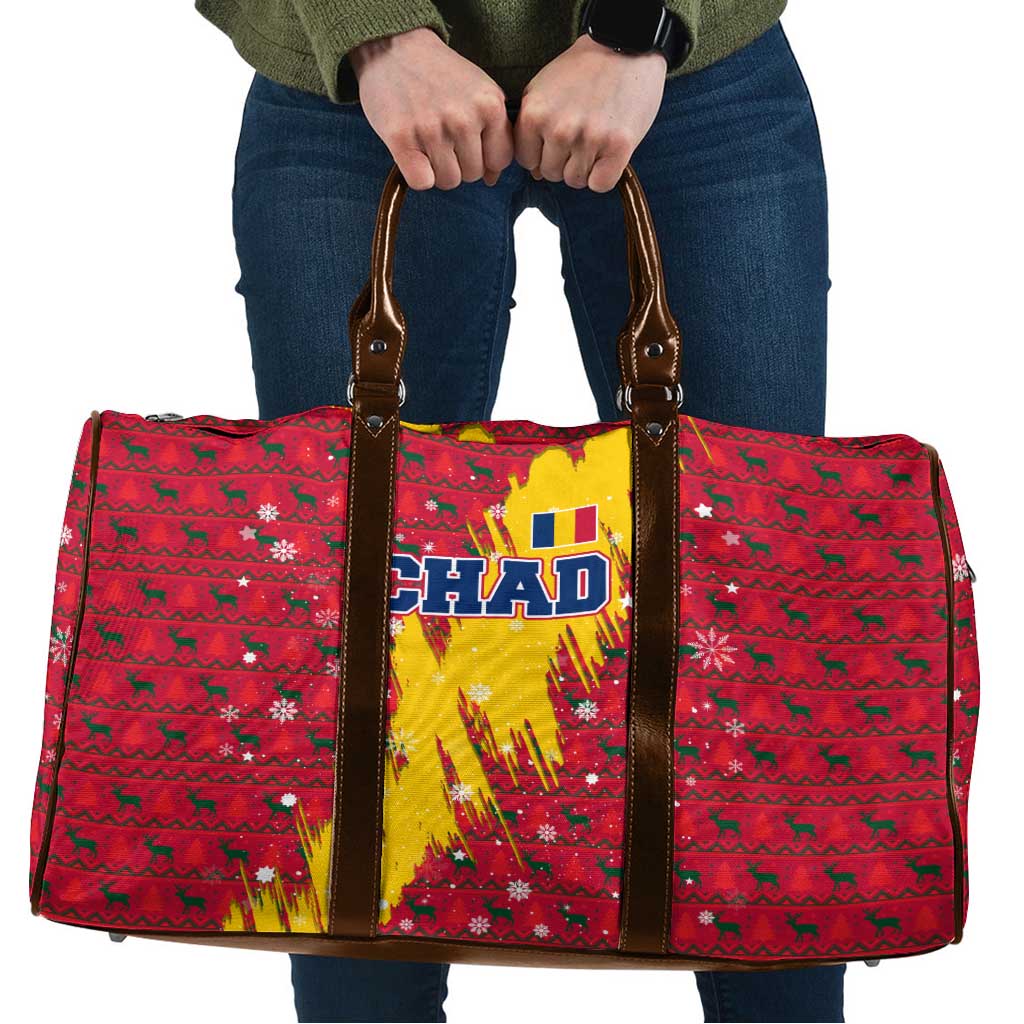 Chad Christmas Travel Bag with Red-Yellow Festive Pattern, National Coat of Arms, and Snowflake Accents - Wonder Print Shop