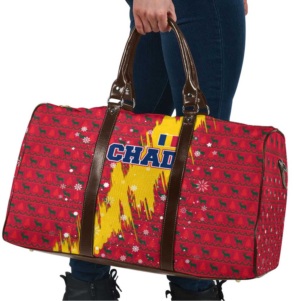 Chad Christmas Travel Bag with Red-Yellow Festive Pattern, National Coat of Arms, and Snowflake Accents - Wonder Print Shop