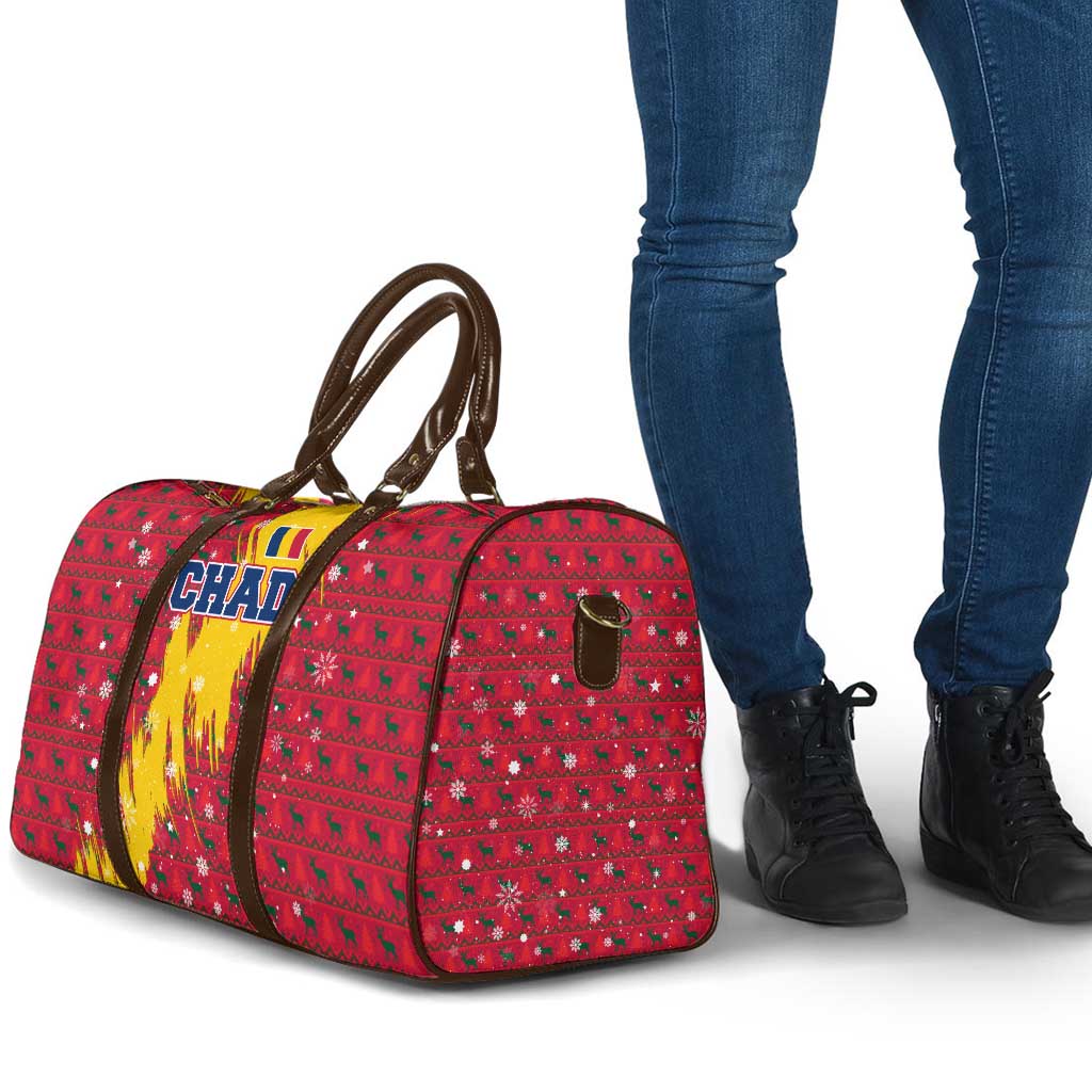 Chad Christmas Travel Bag with Red-Yellow Festive Pattern, National Coat of Arms, and Snowflake Accents - Wonder Print Shop