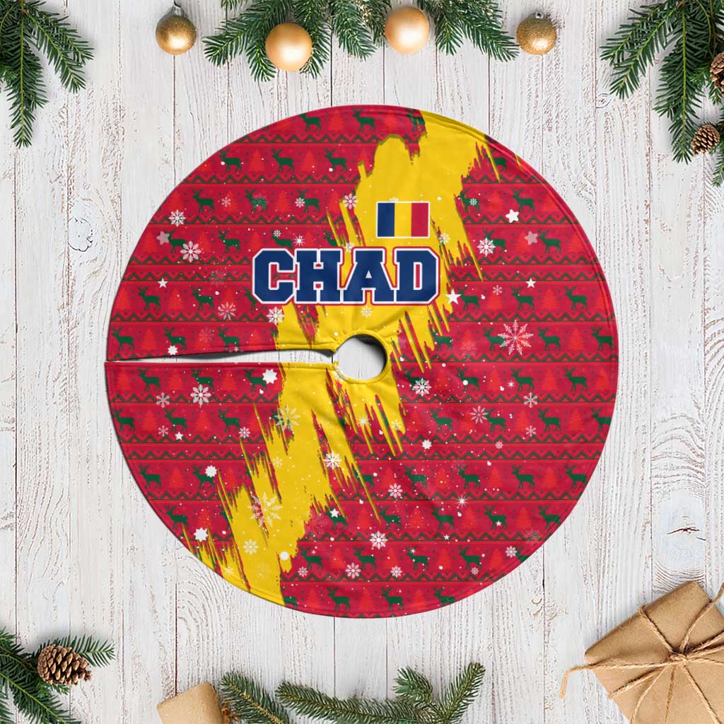 Chad Christmas Tree Skirt with Red-Yellow Festive Pattern, National Coat of Arms, and Snowflake Accents - Wonder Print Shop