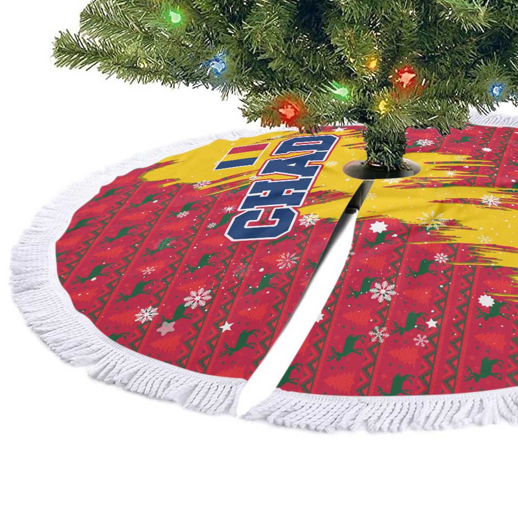 Chad Christmas Tree Skirt with Red-Yellow Festive Pattern, National Coat of Arms, and Snowflake Accents - Wonder Print Shop