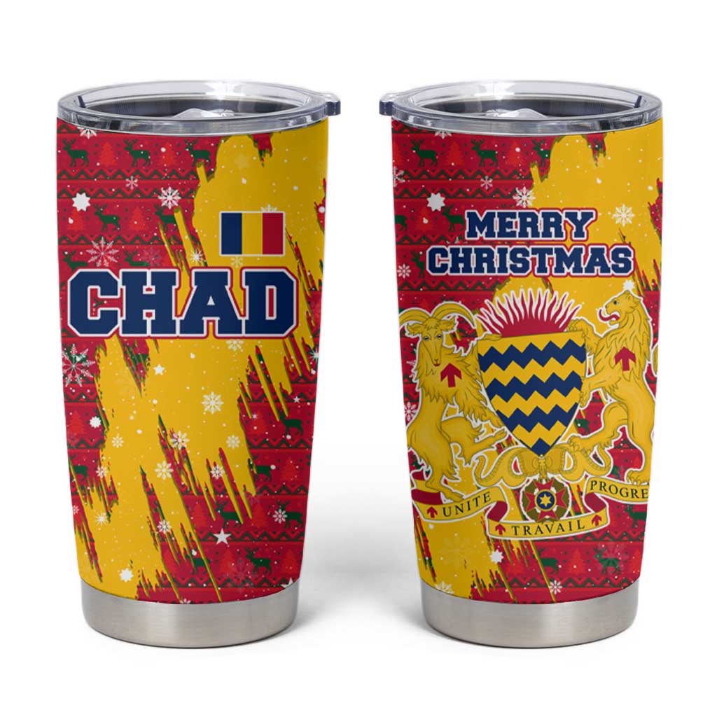 Chad Christmas Tumbler Cup with Red-Yellow Festive Pattern, National Coat of Arms, and Snowflake Accents - Wonder Print Shop
