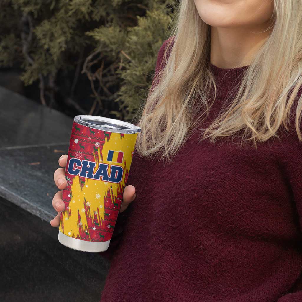 Chad Christmas Tumbler Cup with Red-Yellow Festive Pattern, National Coat of Arms, and Snowflake Accents - Wonder Print Shop