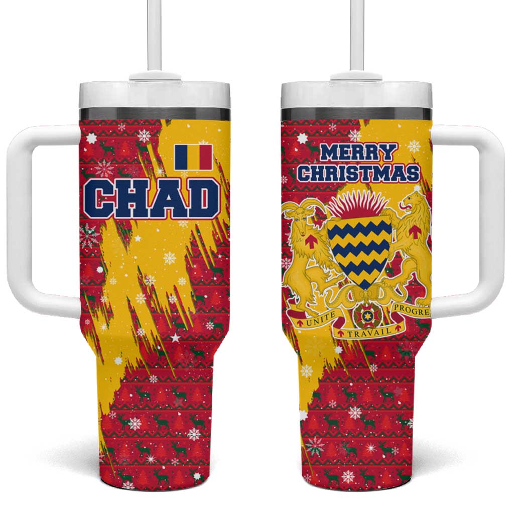 Chad Christmas Tumbler With Handle with Red-Yellow Festive Pattern, National Coat of Arms, and Snowflake Accents - Wonder Print Shop