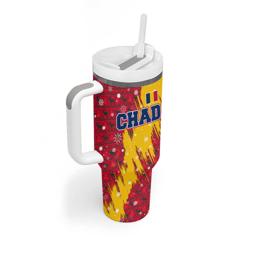 Chad Christmas Tumbler With Handle with Red-Yellow Festive Pattern, National Coat of Arms, and Snowflake Accents - Wonder Print Shop