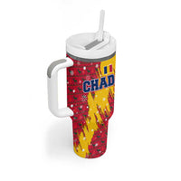 Chad Christmas Tumbler With Handle with Red-Yellow Festive Pattern, National Coat of Arms, and Snowflake Accents - Wonder Print Shop