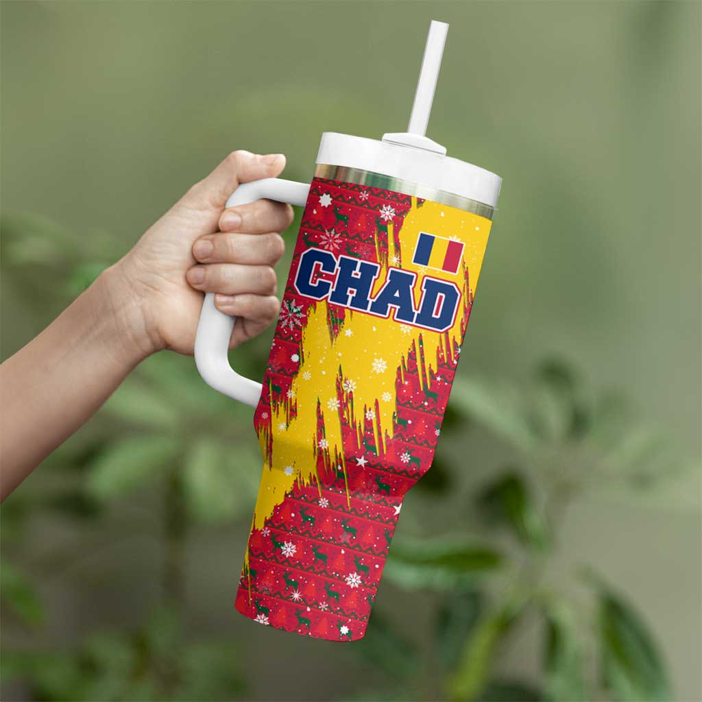 Chad Christmas Tumbler With Handle with Red-Yellow Festive Pattern, National Coat of Arms, and Snowflake Accents - Wonder Print Shop