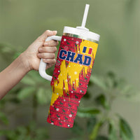 Chad Christmas Tumbler With Handle with Red-Yellow Festive Pattern, National Coat of Arms, and Snowflake Accents - Wonder Print Shop