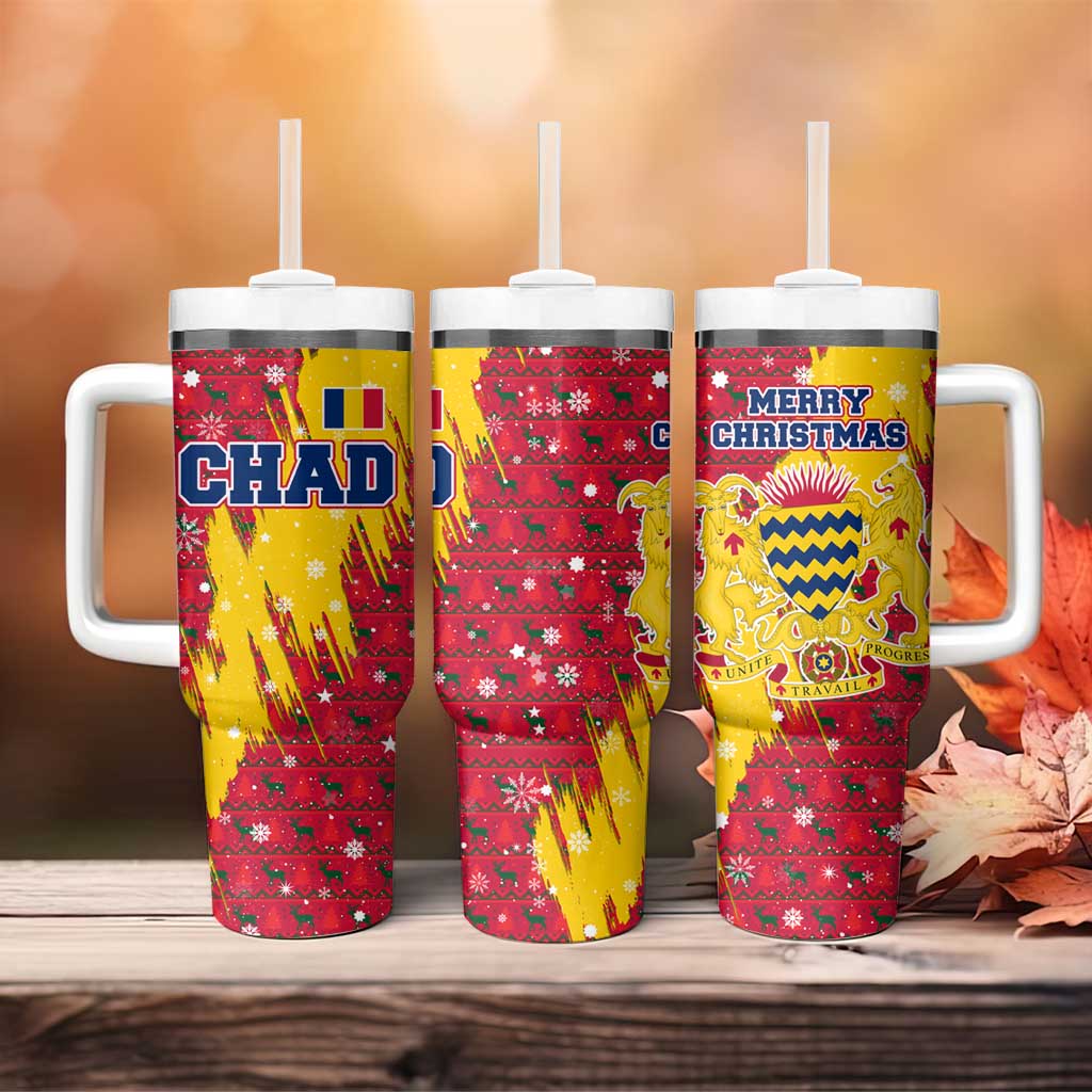 Chad Christmas Tumbler With Handle with Red-Yellow Festive Pattern, National Coat of Arms, and Snowflake Accents - Wonder Print Shop