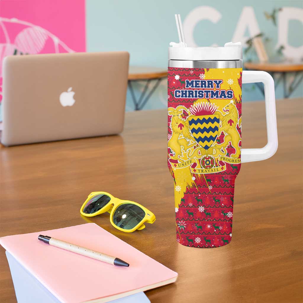 Chad Christmas Tumbler With Handle with Red-Yellow Festive Pattern, National Coat of Arms, and Snowflake Accents - Wonder Print Shop