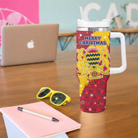 Chad Christmas Tumbler With Handle with Red-Yellow Festive Pattern, National Coat of Arms, and Snowflake Accents - Wonder Print Shop