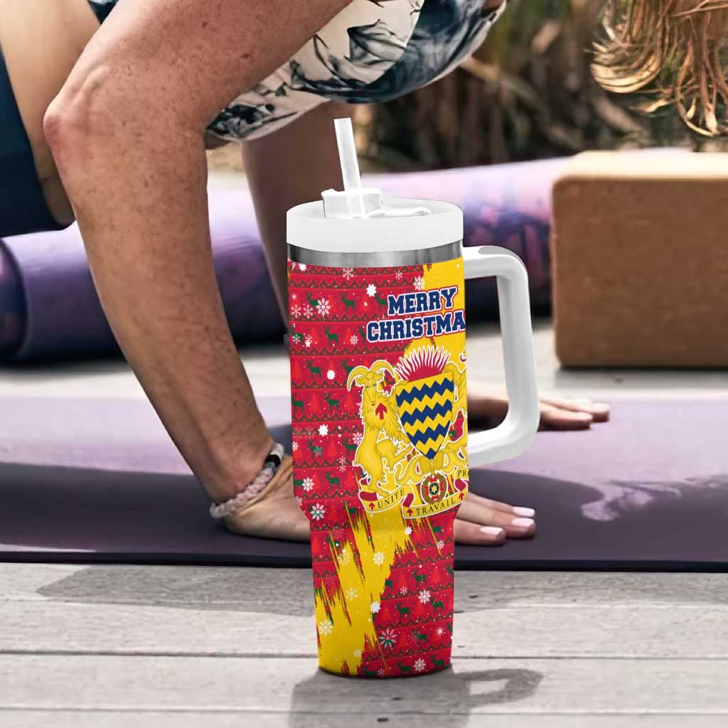 Chad Christmas Tumbler With Handle with Red-Yellow Festive Pattern, National Coat of Arms, and Snowflake Accents - Wonder Print Shop