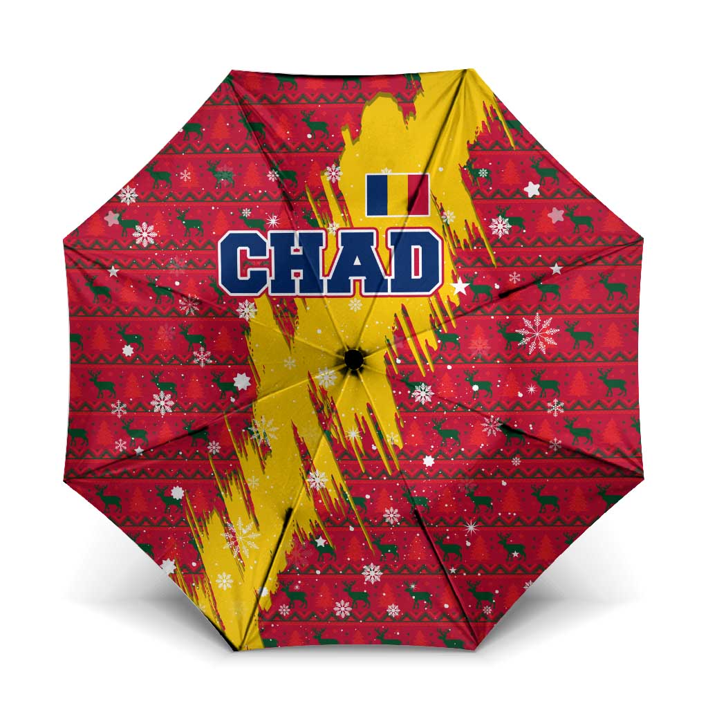Chad Christmas Umbrella with Red-Yellow Festive Pattern, National Coat of Arms, and Snowflake Accents - Wonder Print Shop
