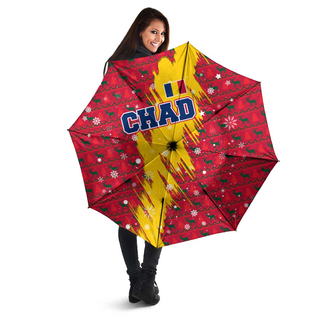 Chad Christmas Umbrella with Red-Yellow Festive Pattern, National Coat of Arms, and Snowflake Accents - Wonder Print Shop