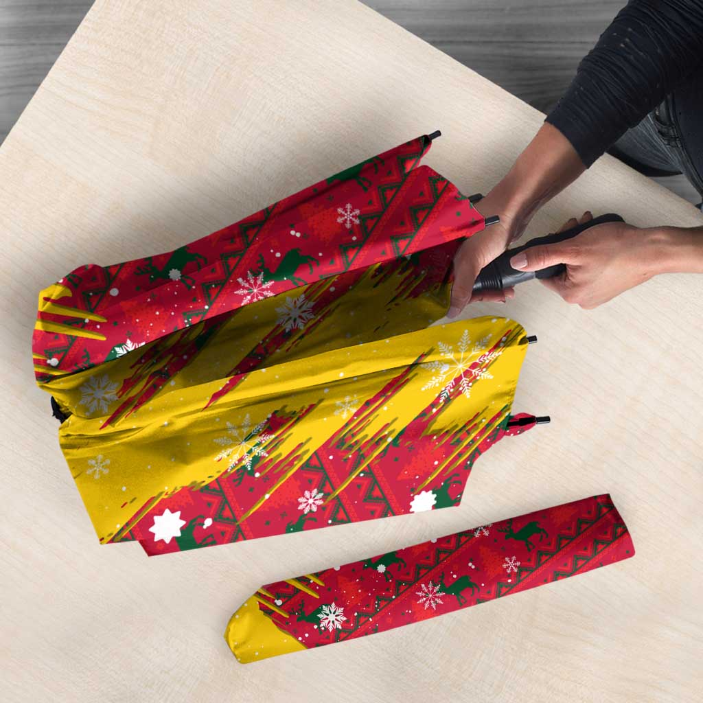 Chad Christmas Umbrella with Red-Yellow Festive Pattern, National Coat of Arms, and Snowflake Accents - Wonder Print Shop