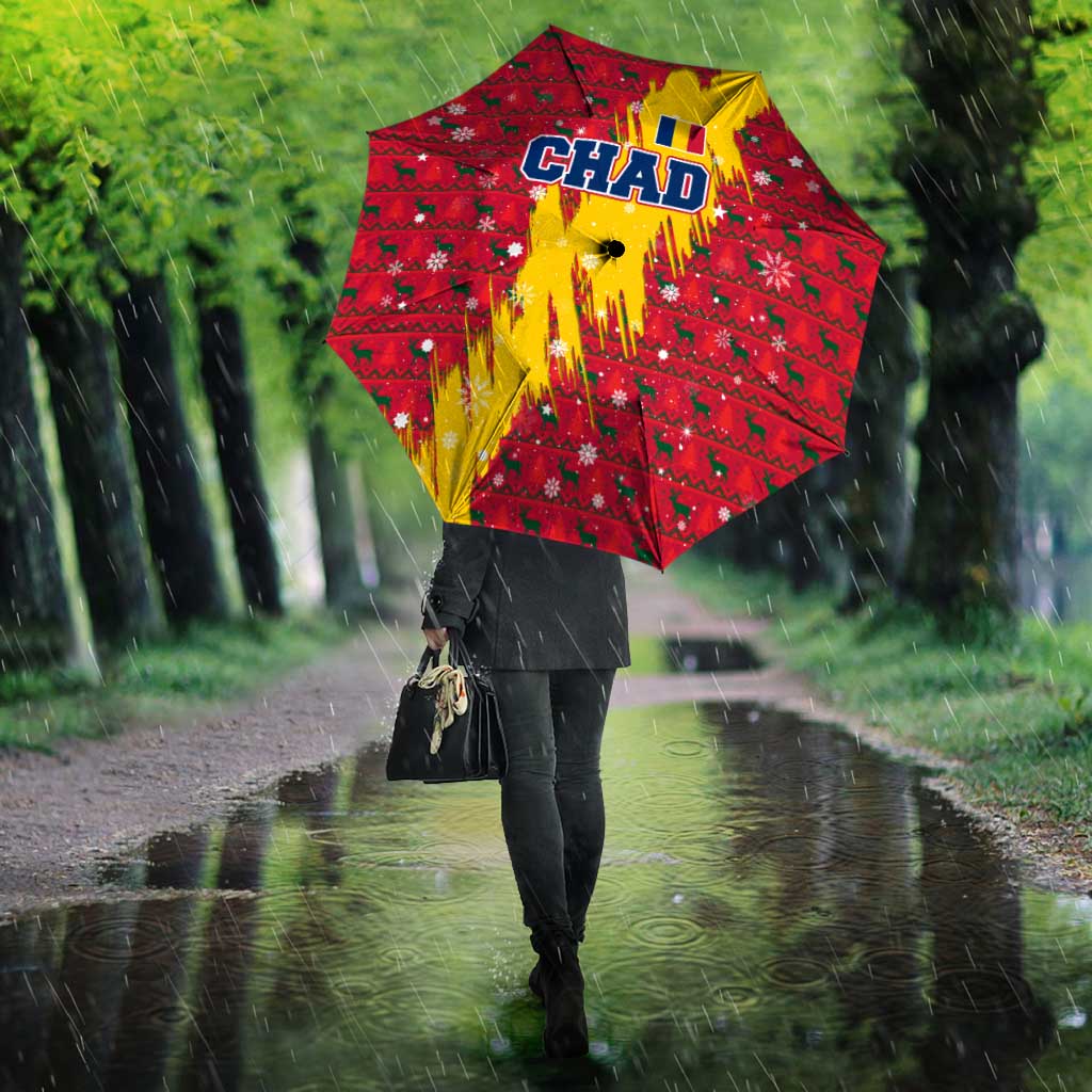 Chad Christmas Umbrella with Red-Yellow Festive Pattern, National Coat of Arms, and Snowflake Accents - Wonder Print Shop