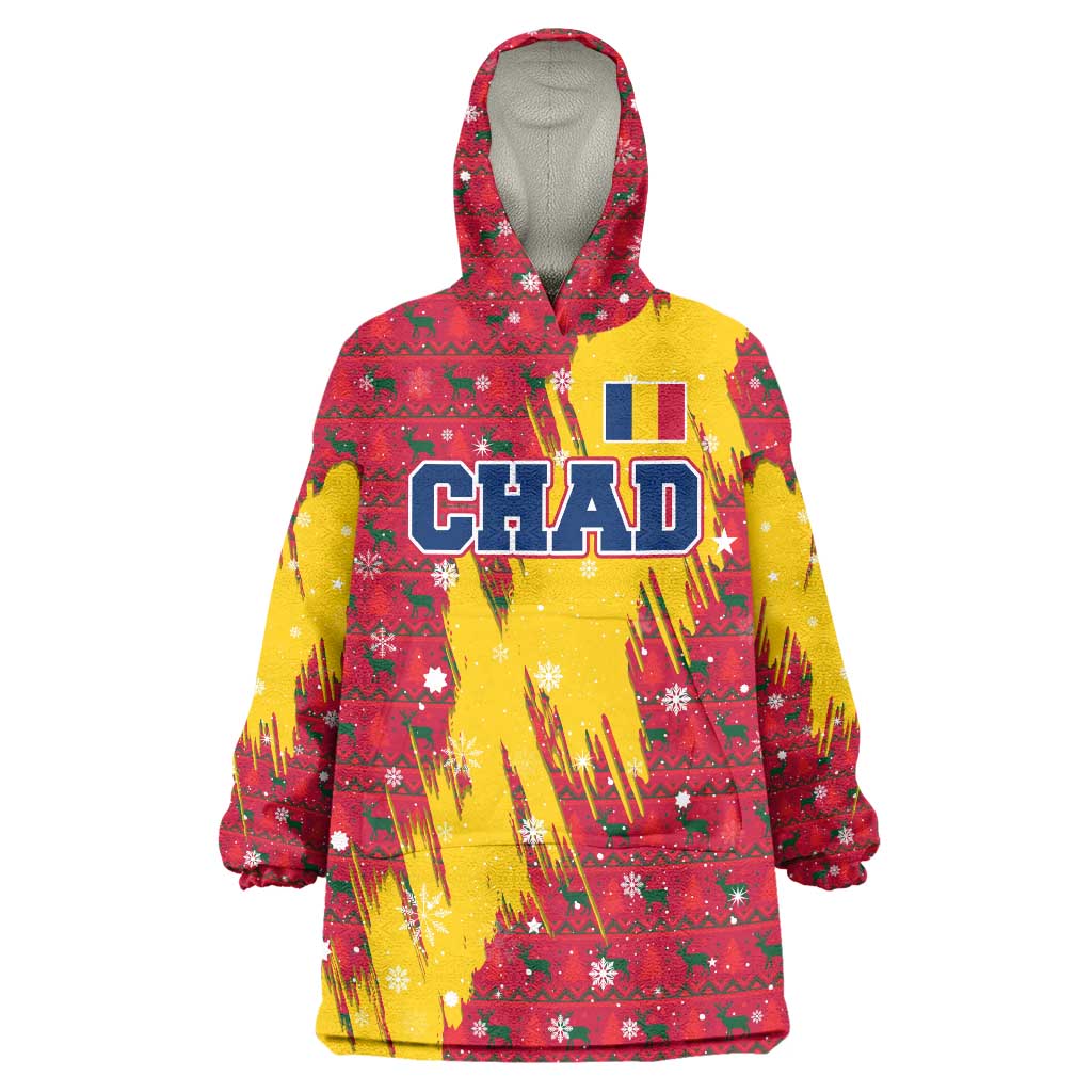 Chad Christmas Wearable Blanket Hoodie with Red-Yellow Festive Pattern, National Coat of Arms, and Snowflake Accents - Wonder Print Shop