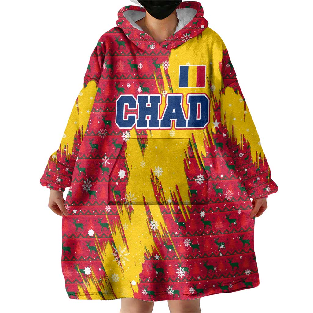 Chad Christmas Wearable Blanket Hoodie with Red-Yellow Festive Pattern, National Coat of Arms, and Snowflake Accents - Wonder Print Shop