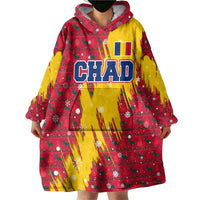 Chad Christmas Wearable Blanket Hoodie with Red-Yellow Festive Pattern, National Coat of Arms, and Snowflake Accents - Wonder Print Shop