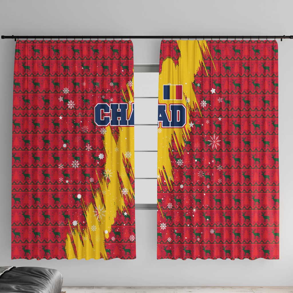 Chad Christmas Window Curtain with Red-Yellow Festive Pattern, National Coat of Arms, and Snowflake Accents - Wonder Print Shop