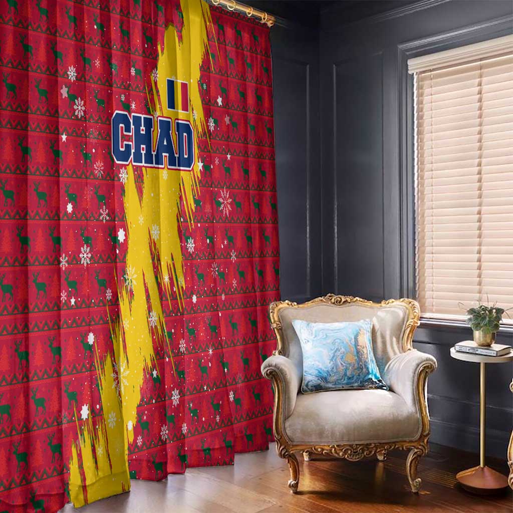 Chad Christmas Window Curtain with Red-Yellow Festive Pattern, National Coat of Arms, and Snowflake Accents - Wonder Print Shop