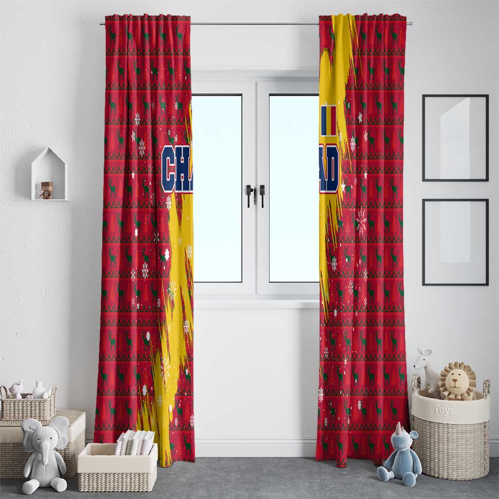 Chad Christmas Window Curtain with Red-Yellow Festive Pattern, National Coat of Arms, and Snowflake Accents - Wonder Print Shop