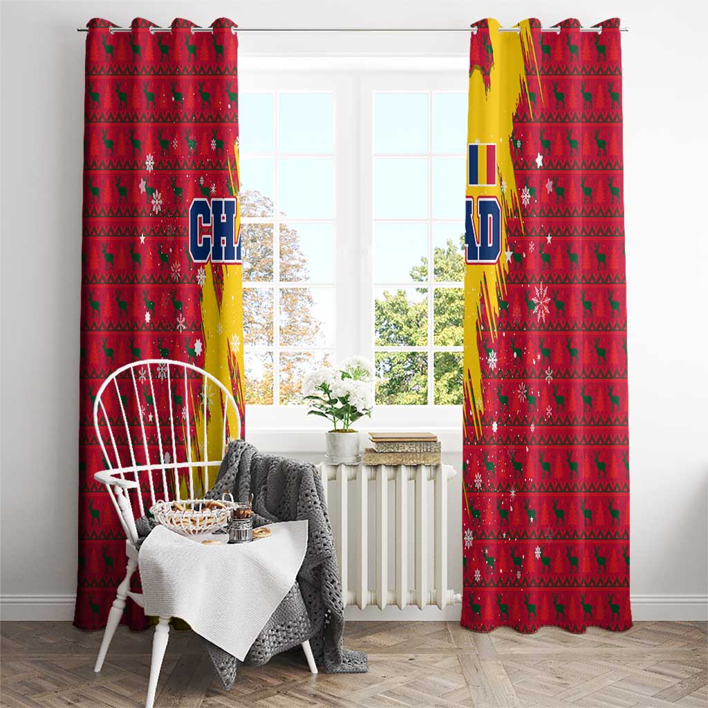 Chad Christmas Window Curtain with Red-Yellow Festive Pattern, National Coat of Arms, and Snowflake Accents - Wonder Print Shop
