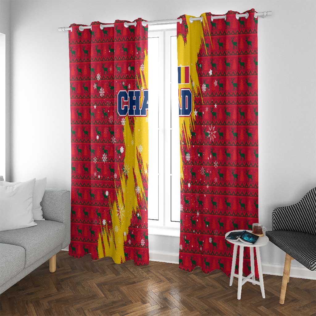 Chad Christmas Window Curtain with Red-Yellow Festive Pattern, National Coat of Arms, and Snowflake Accents - Wonder Print Shop