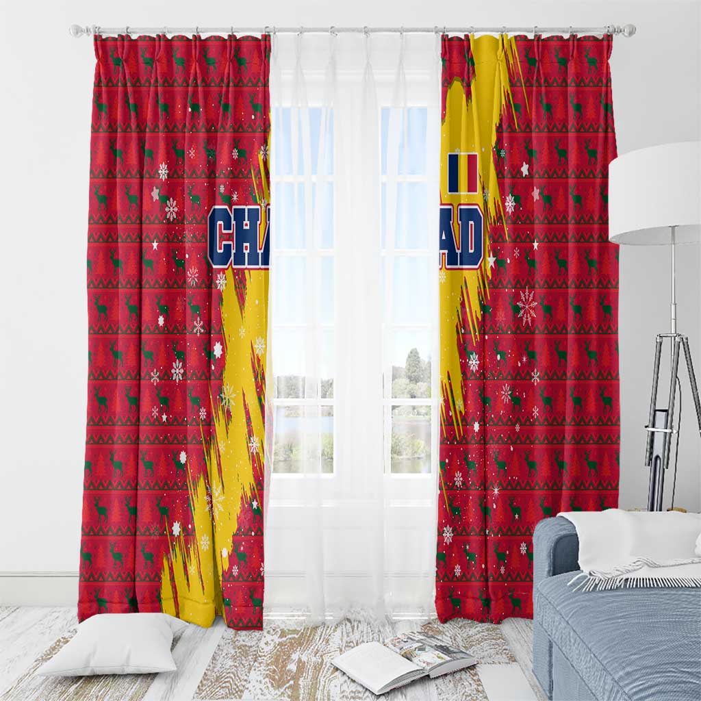 Chad Christmas Window Curtain with Red-Yellow Festive Pattern, National Coat of Arms, and Snowflake Accents - Wonder Print Shop