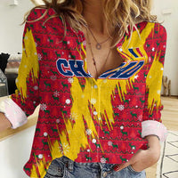 Chad Christmas Women Casual Shirt with Red-Yellow Festive Pattern, National Coat of Arms, and Snowflake Accents - Wonder Print Shop