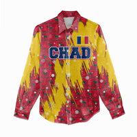 Chad Christmas Women Casual Shirt with Red-Yellow Festive Pattern, National Coat of Arms, and Snowflake Accents - Wonder Print Shop