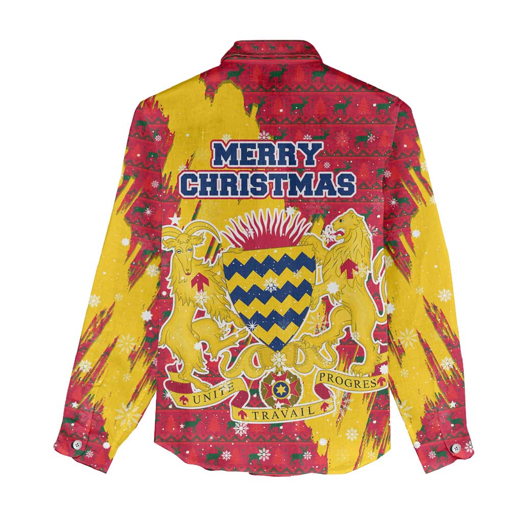 Chad Christmas Women Casual Shirt with Red-Yellow Festive Pattern, National Coat of Arms, and Snowflake Accents - Wonder Print Shop