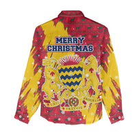 Chad Christmas Women Casual Shirt with Red-Yellow Festive Pattern, National Coat of Arms, and Snowflake Accents - Wonder Print Shop
