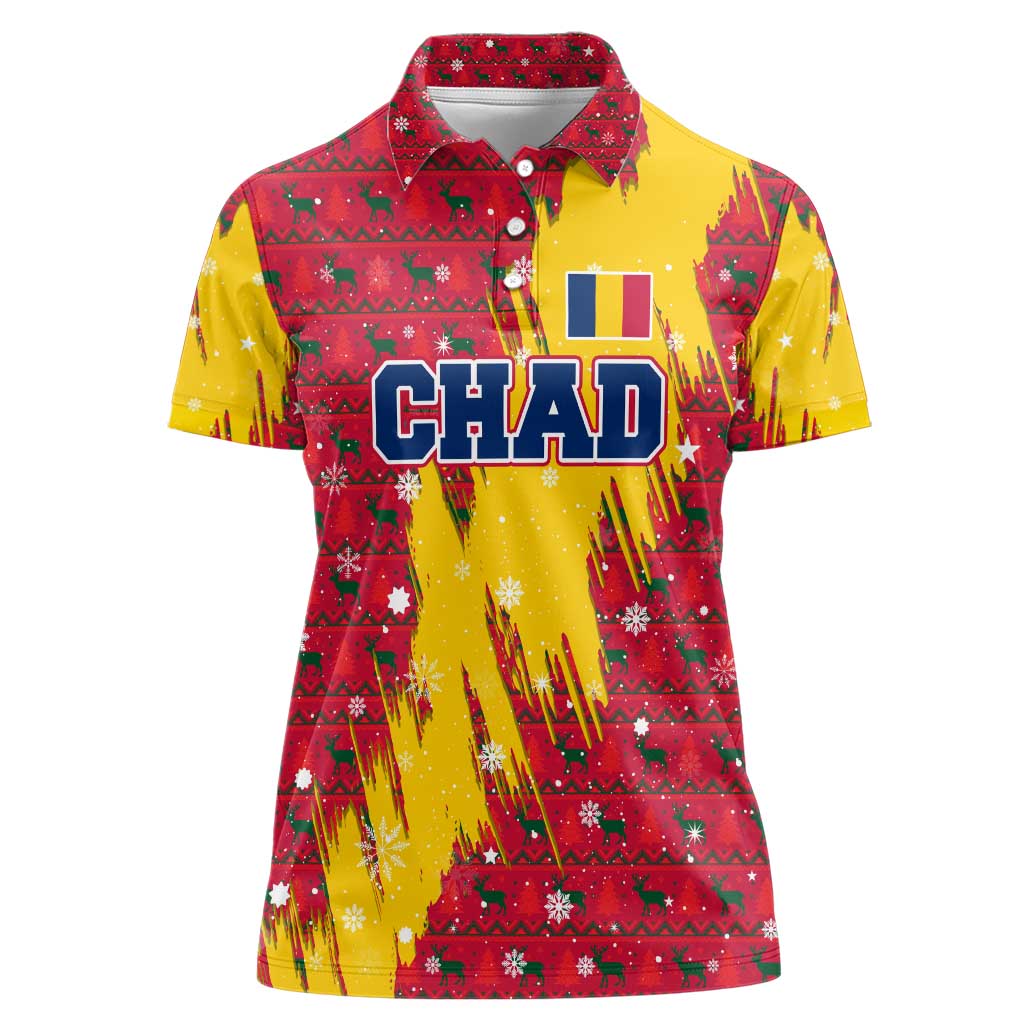 Chad Christmas Women Polo Shirt with Red-Yellow Festive Pattern, National Coat of Arms, and Snowflake Accents - Wonder Print Shop