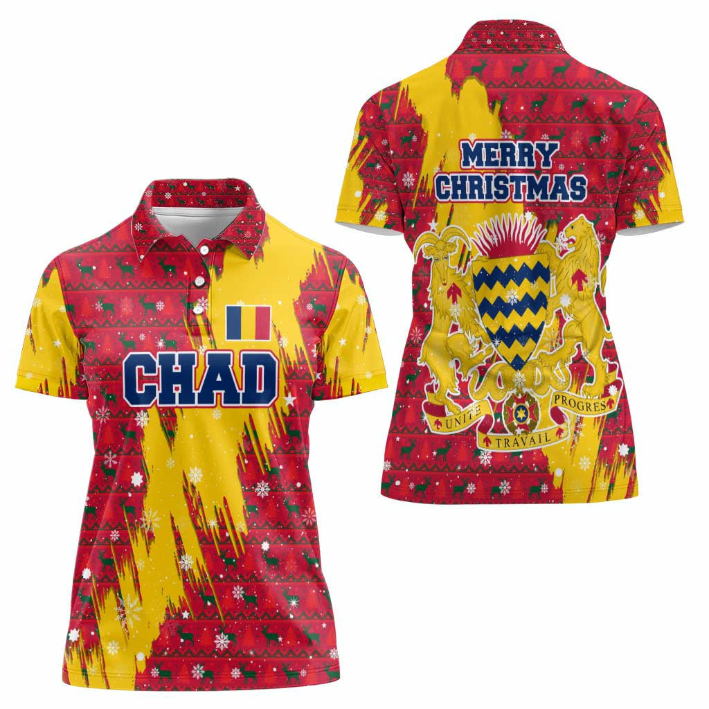 Chad Christmas Women Polo Shirt with Red-Yellow Festive Pattern, National Coat of Arms, and Snowflake Accents - Wonder Print Shop