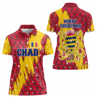 Chad Christmas Women Polo Shirt with Red-Yellow Festive Pattern, National Coat of Arms, and Snowflake Accents - Wonder Print Shop