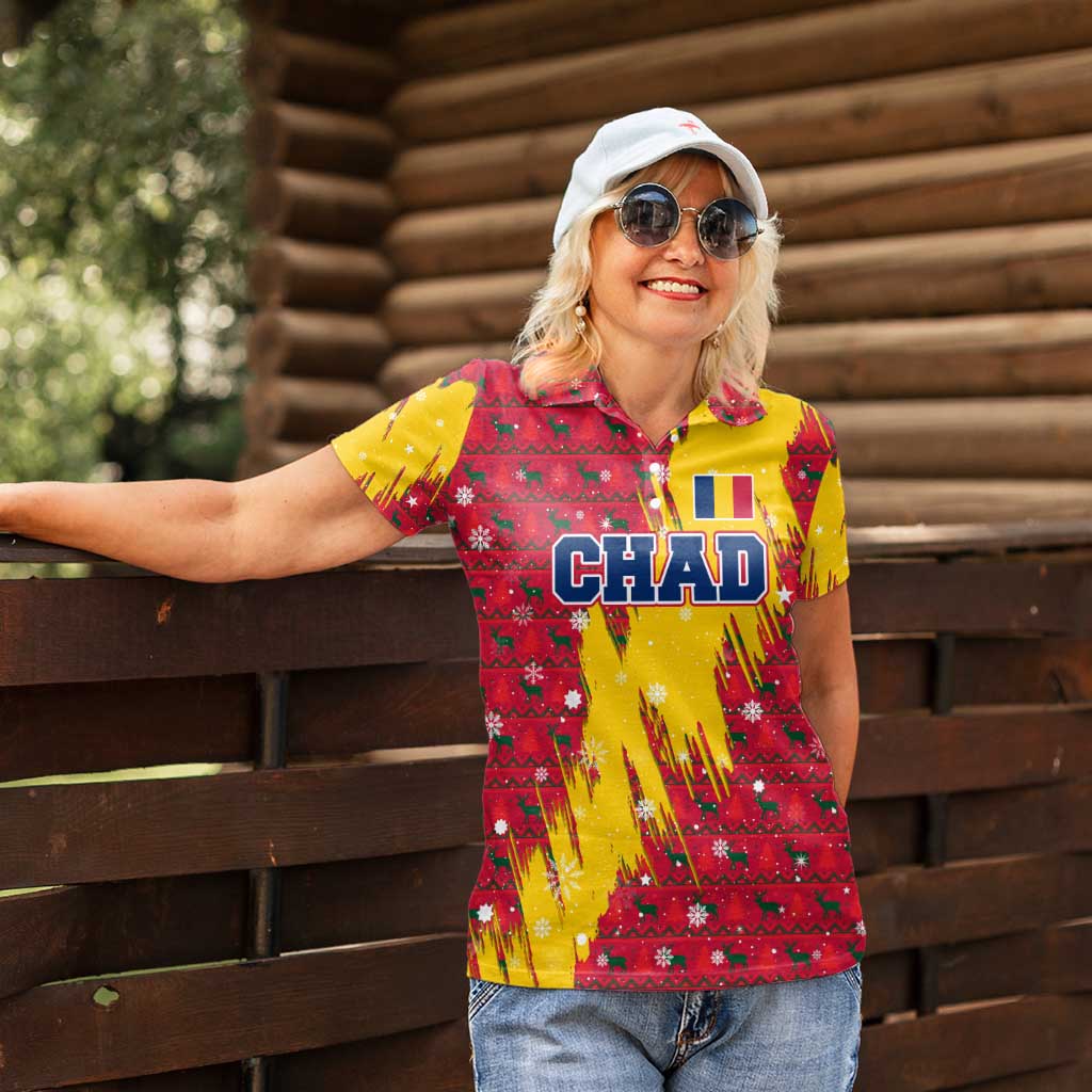 Chad Christmas Women Polo Shirt with Red-Yellow Festive Pattern, National Coat of Arms, and Snowflake Accents - Wonder Print Shop