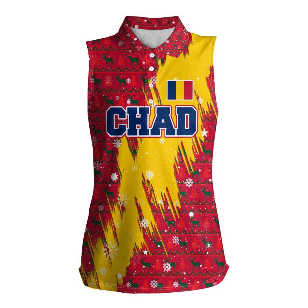 Chad Christmas Women Sleeveless Polo Shirt with Red-Yellow Festive Pattern, National Coat of Arms, and Snowflake Accents - Wonder Print Shop
