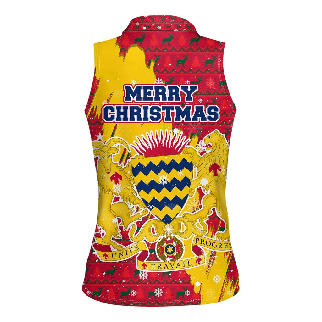 Chad Christmas Women Sleeveless Polo Shirt with Red-Yellow Festive Pattern, National Coat of Arms, and Snowflake Accents - Wonder Print Shop