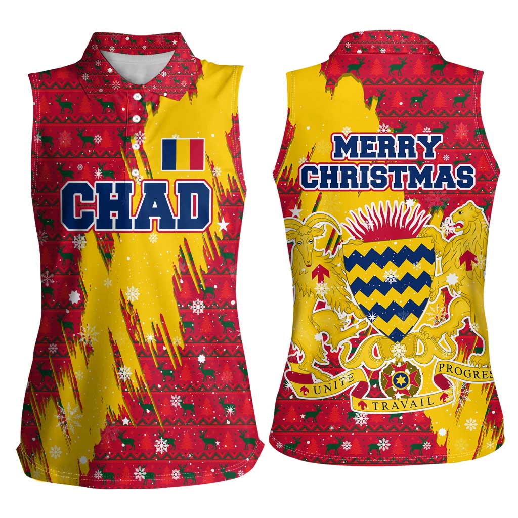 Chad Christmas Women Sleeveless Polo Shirt with Red-Yellow Festive Pattern, National Coat of Arms, and Snowflake Accents - Wonder Print Shop