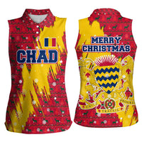 Chad Christmas Women Sleeveless Polo Shirt with Red-Yellow Festive Pattern, National Coat of Arms, and Snowflake Accents - Wonder Print Shop