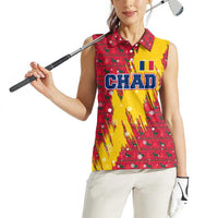 Chad Christmas Women Sleeveless Polo Shirt with Red-Yellow Festive Pattern, National Coat of Arms, and Snowflake Accents - Wonder Print Shop