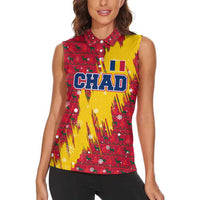 Chad Christmas Women Sleeveless Polo Shirt with Red-Yellow Festive Pattern, National Coat of Arms, and Snowflake Accents - Wonder Print Shop