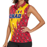 Chad Christmas Women Sleeveless Polo Shirt with Red-Yellow Festive Pattern, National Coat of Arms, and Snowflake Accents - Wonder Print Shop